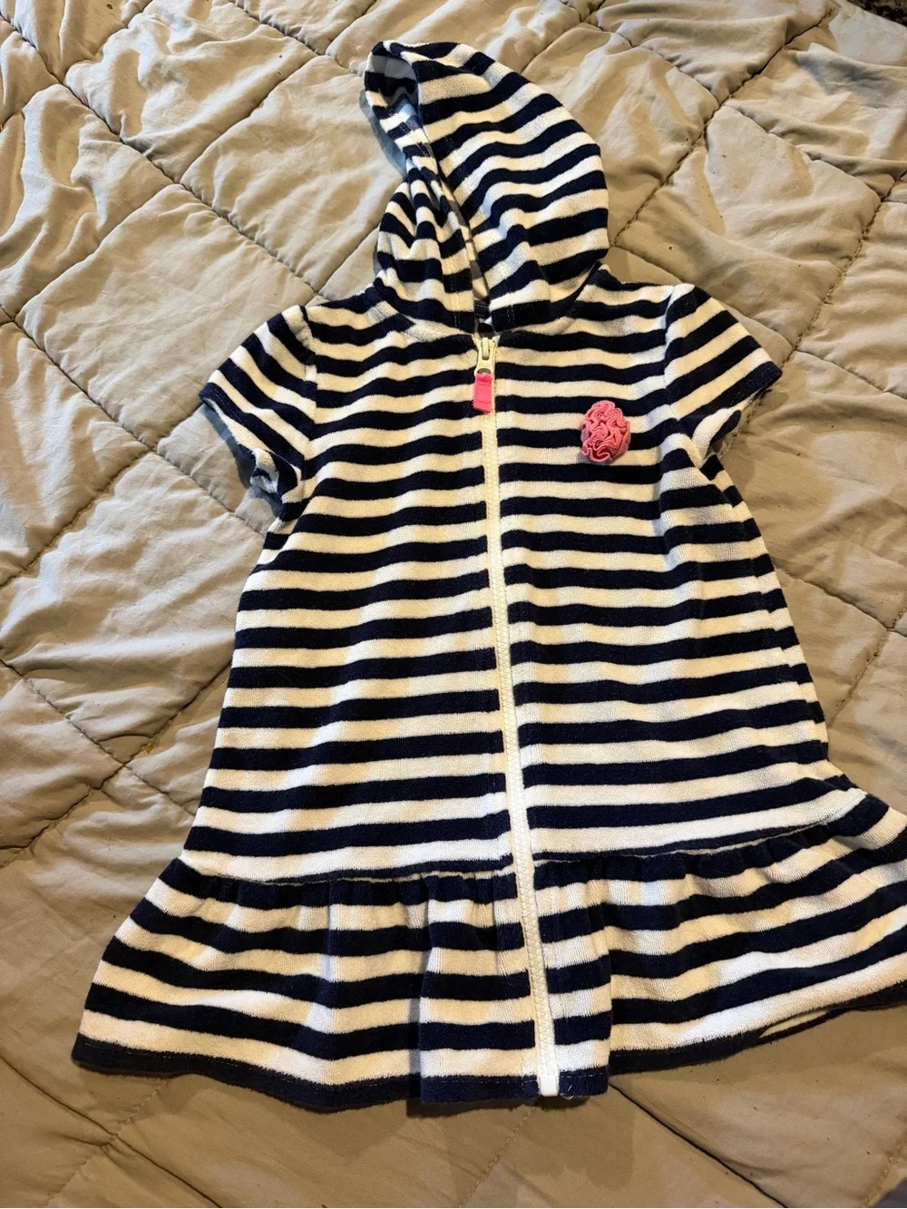 Circo Navy and White Striped Hooded Kids Swim Coverup with Pink Flower Accent